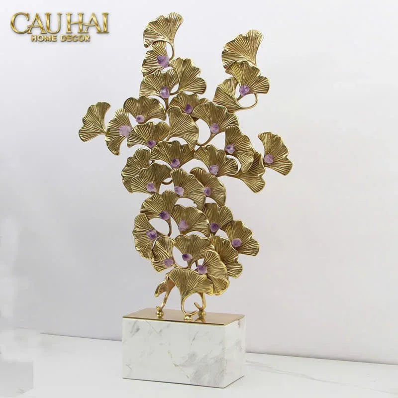 Maison Couture - Tượng Lá Ngân Hạnh Bằng Đồng - Đá Thạch Anh Tím Grandeur Brasson Ginkgo Amethyst 35x60-TƯỢNG TRANG TRÍ-CẬU HAI HOME DECOR