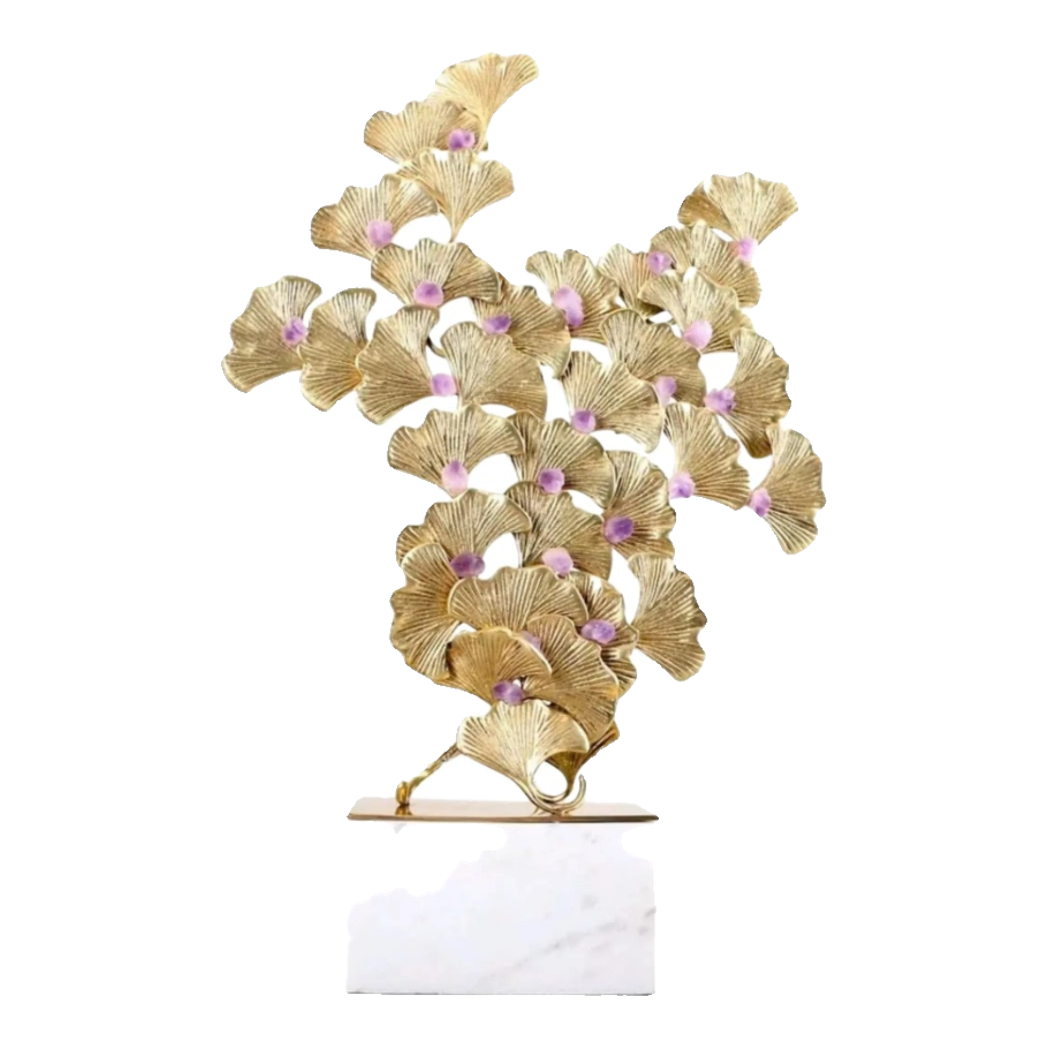 Maison Couture - Tượng Lá Ngân Hạnh Bằng Đồng - Đá Thạch Anh Tím Grandeur Brasson Ginkgo Amethyst 35x60