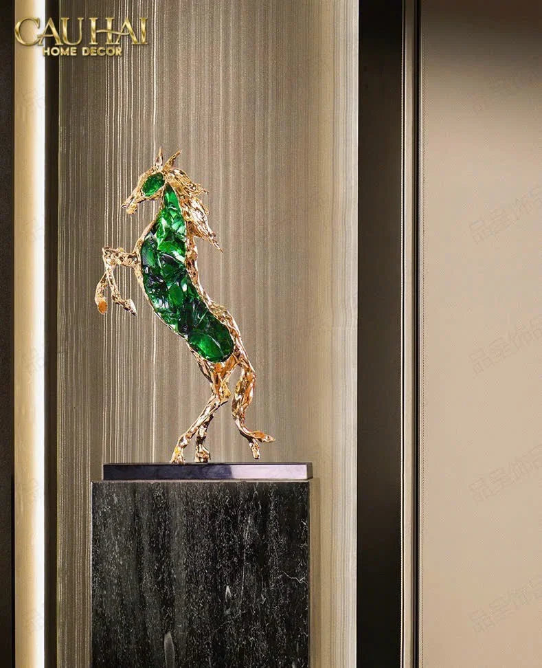 Maison Couture - Tượng Ngựa Bằng Đồng Đá Flotite Green - Brasson Équestre Cheval Émeraude 20x40-TƯỢNG TRANG TRÍ-CẬU HAI HOME DECOR