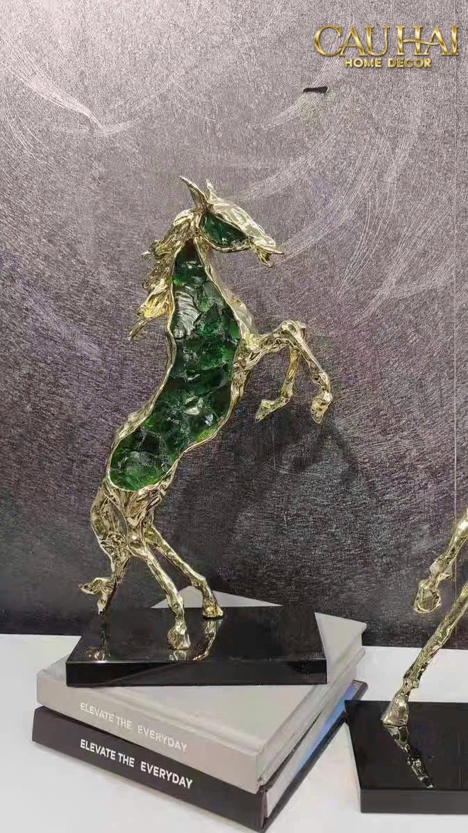 Maison Couture - Tượng Ngựa Bằng Đồng Đá Flotite Green - Brasson Équestre Cheval Émeraude 20x40-TƯỢNG TRANG TRÍ-CẬU HAI HOME DECOR