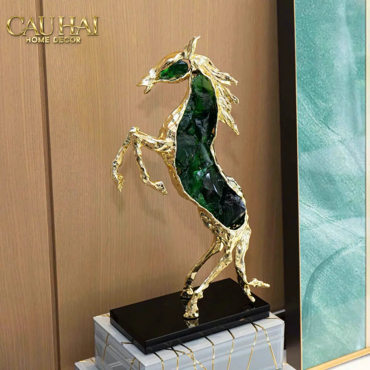 Maison Couture - Tượng Ngựa Bằng Đồng Đá Flotite Green - Brasson Équestre Cheval Émeraude 20x40-TƯỢNG TRANG TRÍ-CẬU HAI HOME DECOR