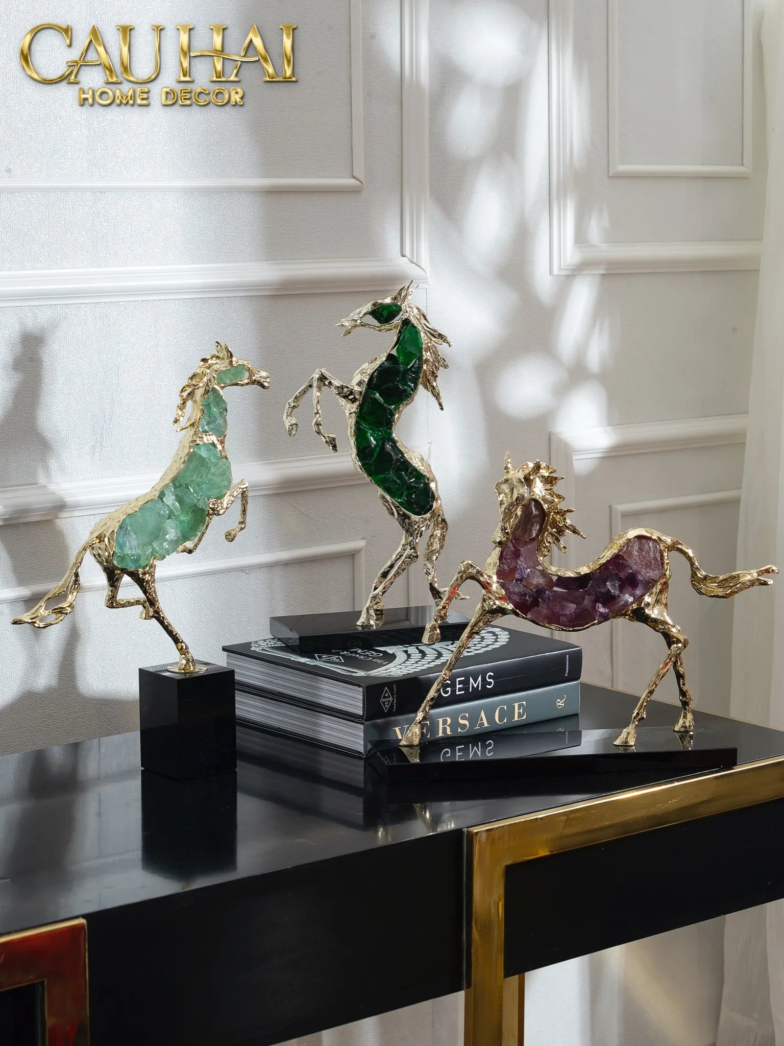 Maison Couture - Tượng Ngựa Bằng Đồng Đá Flotite Green - Brasson Équestre Cheval Émeraude 20x40-TƯỢNG TRANG TRÍ-CẬU HAI HOME DECOR
