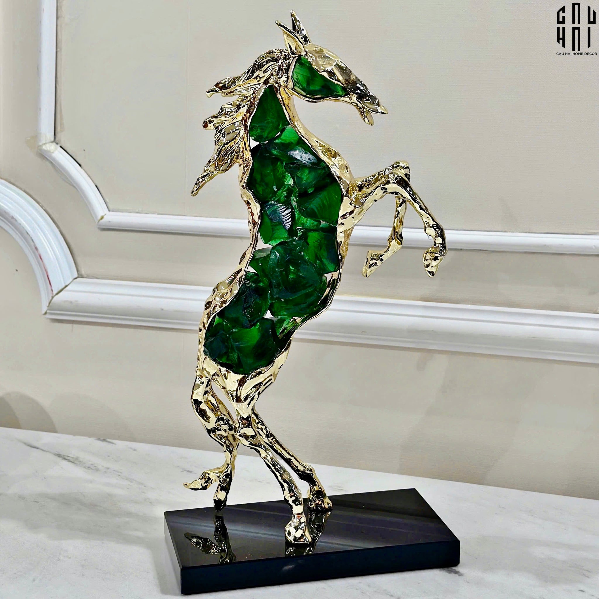Maison Couture - Tượng Ngựa Bằng Đồng Đá Flotite Green - Brasson Équestre Cheval Émeraude 20x40-TƯỢNG TRANG TRÍ-CẬU HAI HOME DECOR