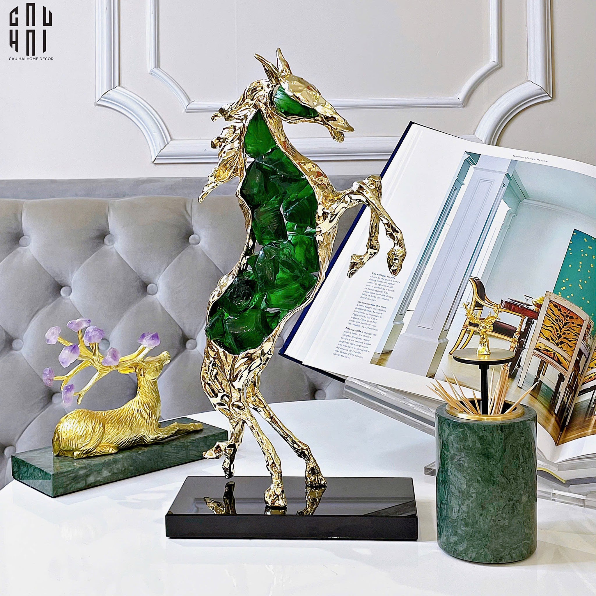 Maison Couture - Tượng Ngựa Bằng Đồng Đá Flotite Green - Brasson Équestre Cheval Émeraude 20x40-TƯỢNG TRANG TRÍ-CẬU HAI HOME DECOR