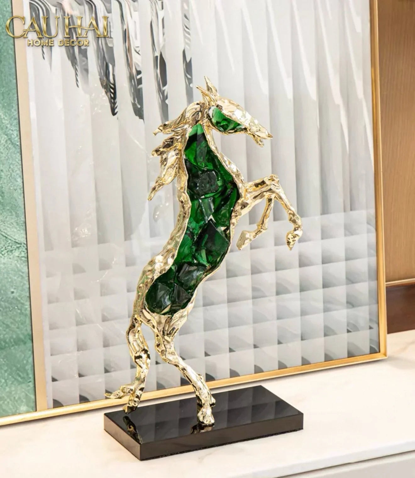 Maison Couture - Tượng Ngựa Bằng Đồng Đá Flotite Green - Brasson Équestre Cheval Émeraude 20x40-TƯỢNG TRANG TRÍ-CẬU HAI HOME DECOR