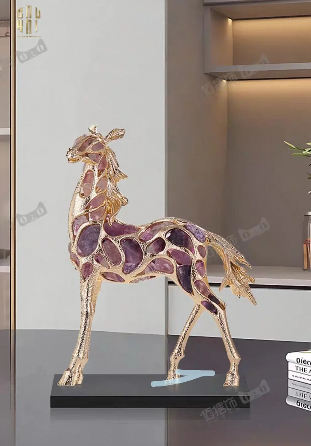 Maison Couture - Tượng Ngựa Đồng Đá Thạch Anh Tím - Thiên Mã Sentinel Prime Améthyste Stallion Équestre - 10x26x37-TƯỢNG TRANG TRÍ-CẬU HAI HOME DECOR