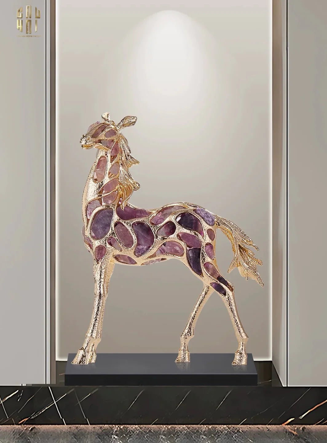 Maison Couture - Tượng Ngựa Đồng Đá Thạch Anh Tím - Thiên Mã Sentinel Prime Améthyste Stallion Équestre - 10x26x37-TƯỢNG TRANG TRÍ-CẬU HAI HOME DECOR