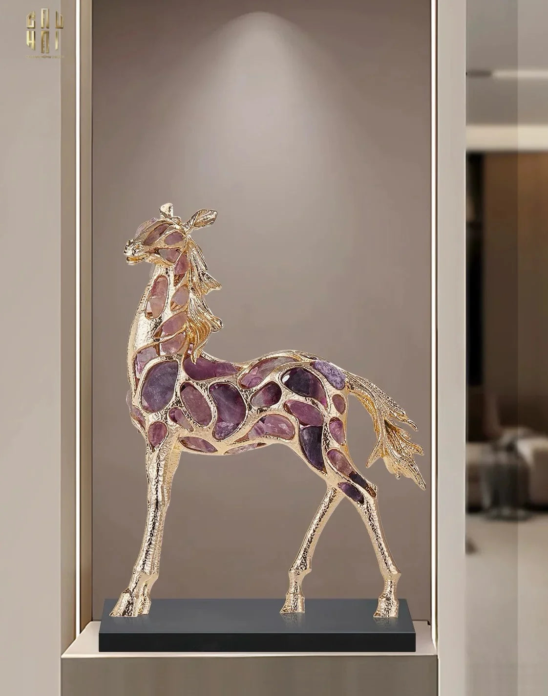 Maison Couture - Tượng Ngựa Đồng Đá Thạch Anh Tím - Thiên Mã Sentinel Prime Améthyste Stallion Équestre - 10x26x37-TƯỢNG TRANG TRÍ-CẬU HAI HOME DECOR