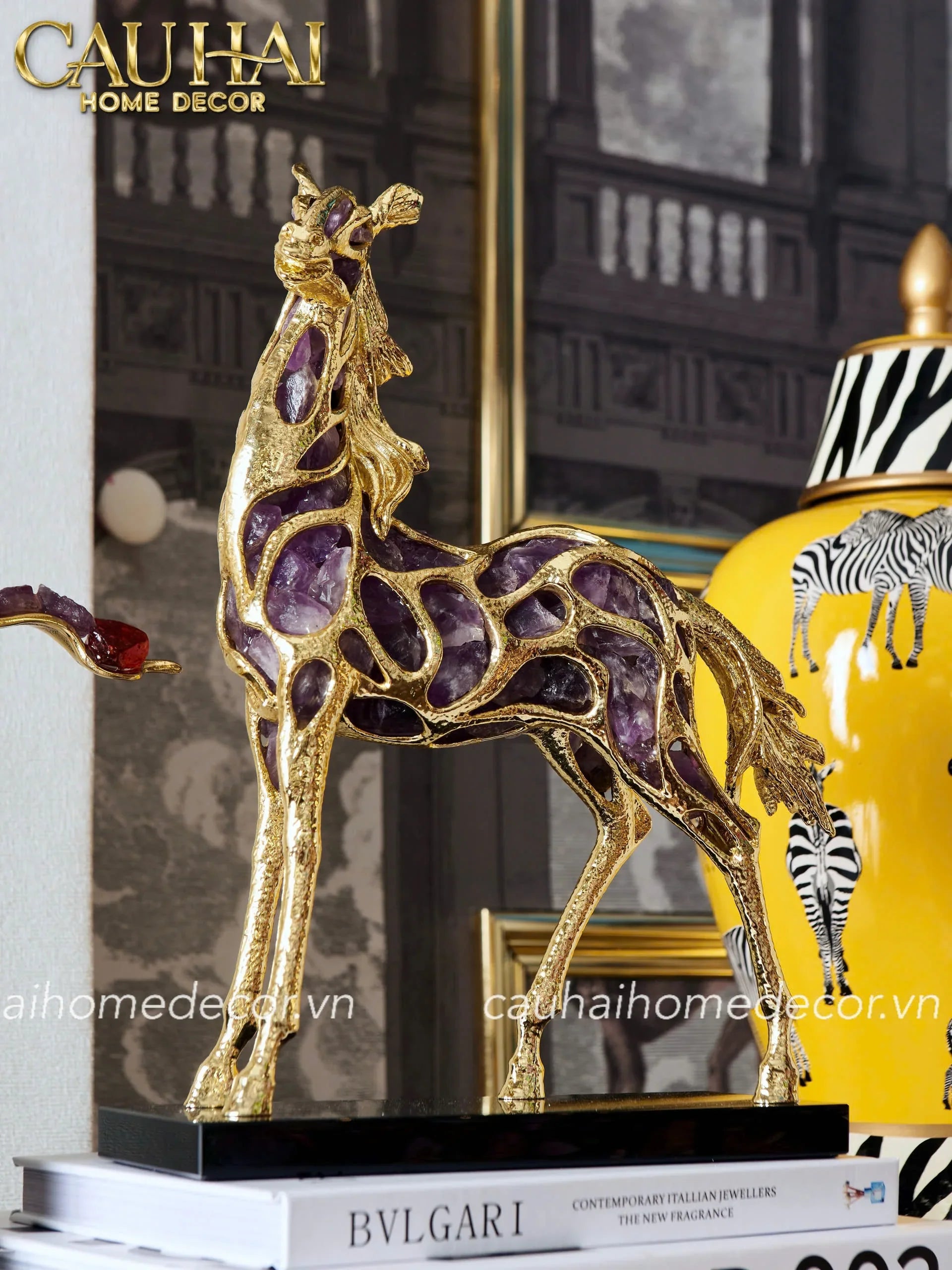 Maison Couture - Tượng Ngựa Đồng Đá Thạch Anh Tím - Thiên Mã Sentinel Prime Améthyste Stallion Équestre - 10x26x37-TƯỢNG TRANG TRÍ-CẬU HAI HOME DECOR
