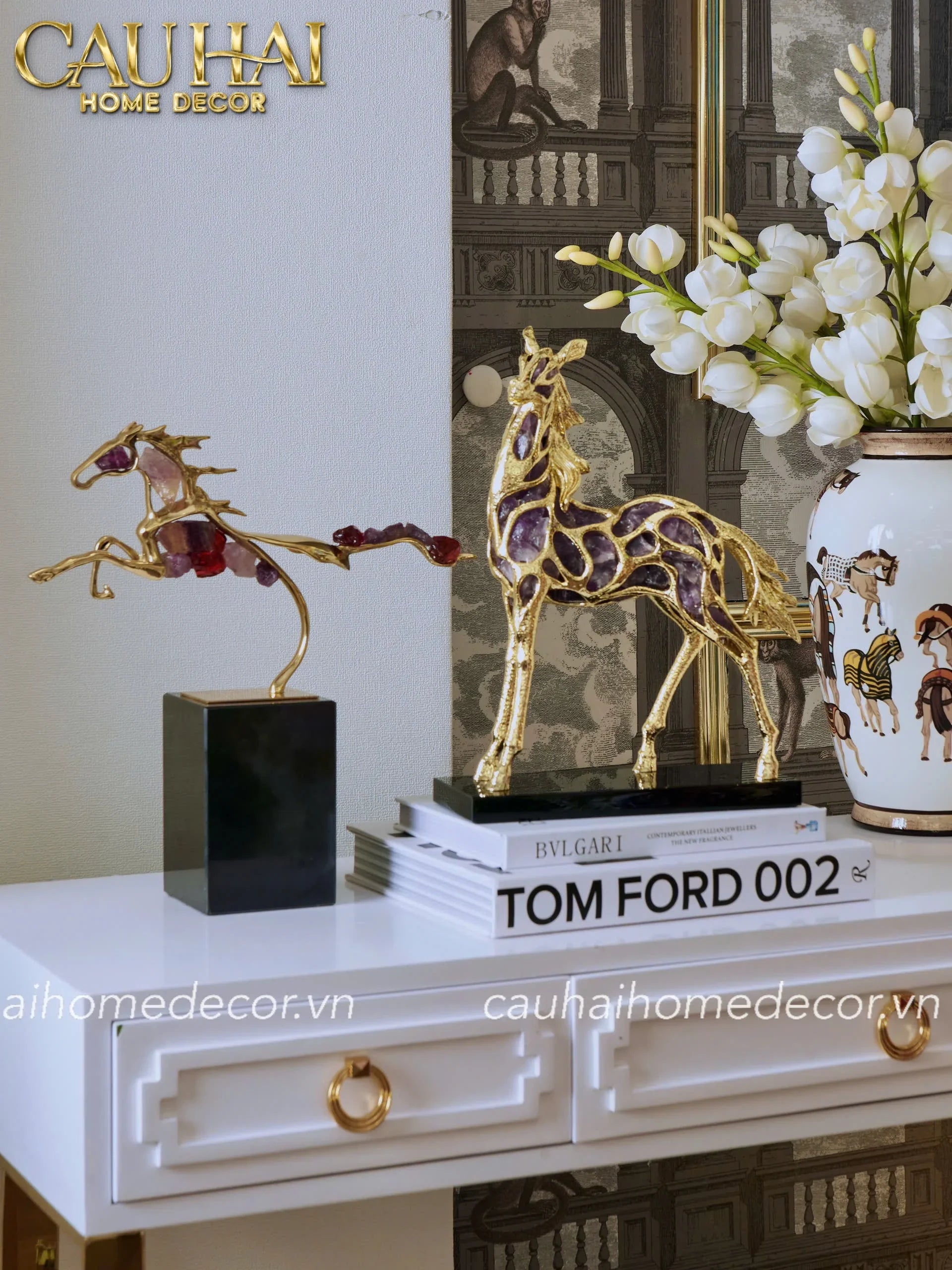 Maison Couture - Tượng Ngựa Đồng Đá Thạch Anh Tím - Thiên Mã Sentinel Prime Améthyste Stallion Équestre - 10x26x37-TƯỢNG TRANG TRÍ-CẬU HAI HOME DECOR