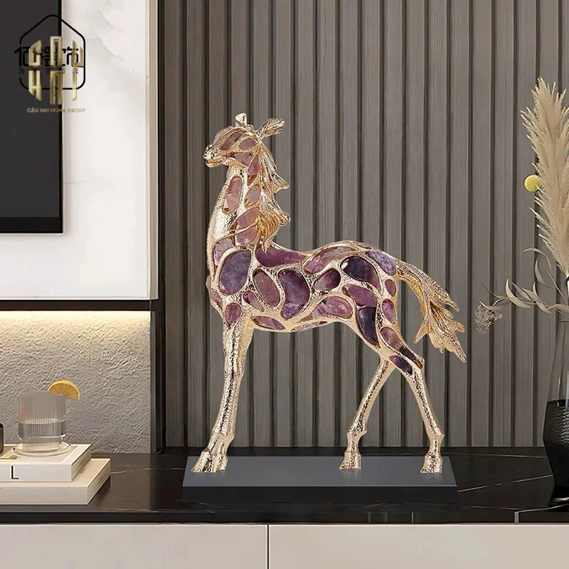Maison Couture - Tượng Ngựa Đồng Đá Thạch Anh Tím - Thiên Mã Sentinel Prime Améthyste Stallion Équestre - 10x26x37-TƯỢNG TRANG TRÍ-CẬU HAI HOME DECOR