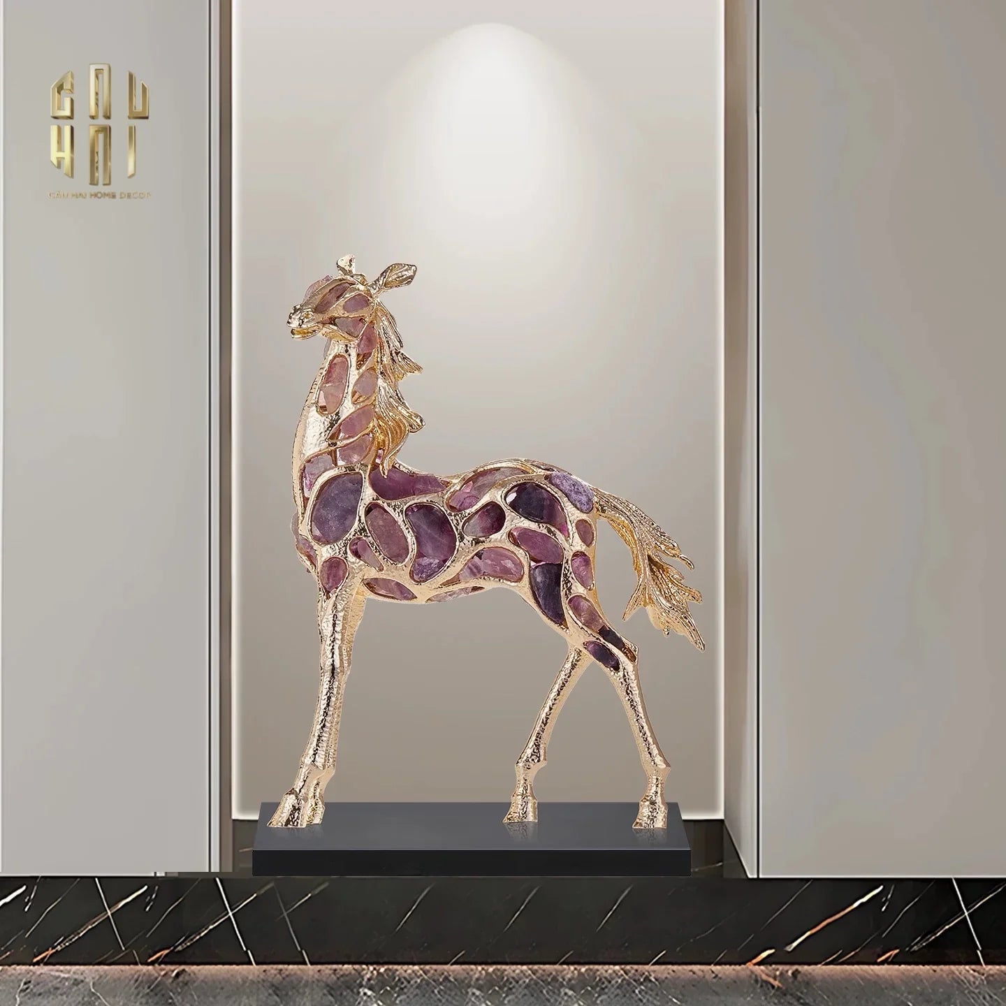 Maison Couture - Tượng Ngựa Đồng Đá Thạch Anh Tím - Thiên Mã Sentinel Prime Améthyste Stallion Équestre - 10x26x37-TƯỢNG TRANG TRÍ-CẬU HAI HOME DECOR
