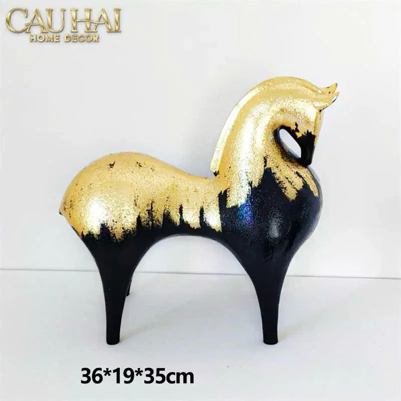 Maison Couture - Tượng Ngựa Gốm Mun Mài Dát Vàng Noir Laqué Feuille d’Or Tang Horse H24/H36-TƯỢNG TRANG TRÍ-CẬU HAI HOME DECOR