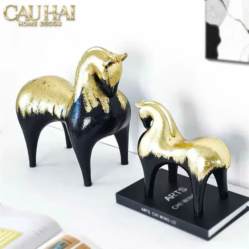Maison Couture - Tượng Ngựa Gốm Mun Mài Dát Vàng Noir Laqué Feuille d’Or Tang Horse H24/H36-TƯỢNG TRANG TRÍ-CẬU HAI HOME DECOR