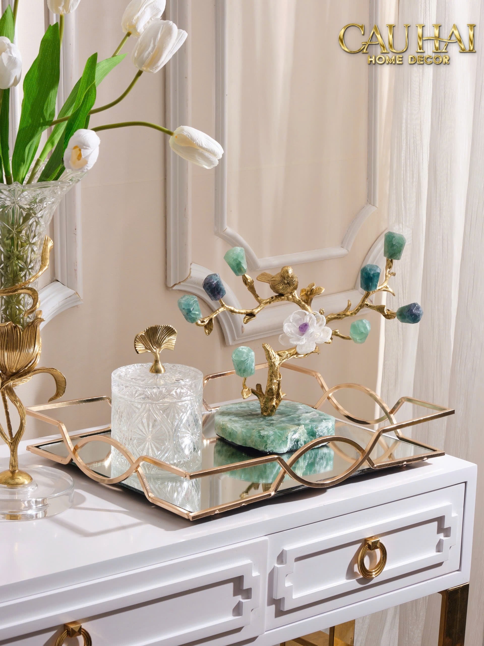 Maison Couture - Tượng Nhân Sâm Bằng Đồng Đá Thạch Anh Xanh - Brasson Aventurine Quartz - Root Of Eternity 9x30x27-TƯỢNG TRANG TRÍ-CẬU HAI HOME DECOR