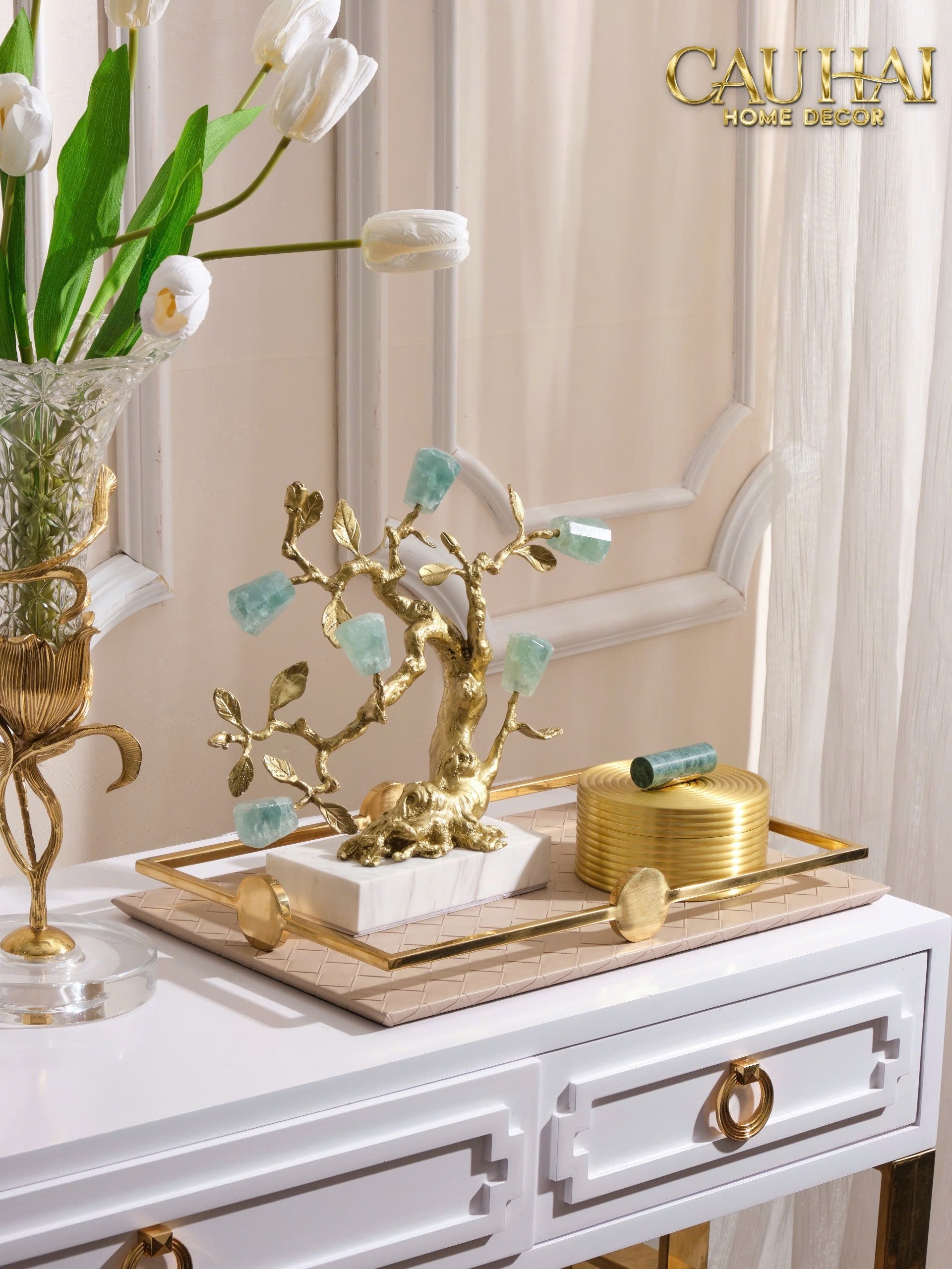Maison Couture - Tượng Nhân Sâm Bằng Đồng Đá Thạch Anh Xanh - Brasson Aventurine Quartz - Root Of Eternity 9x30x27-TƯỢNG TRANG TRÍ-CẬU HAI HOME DECOR