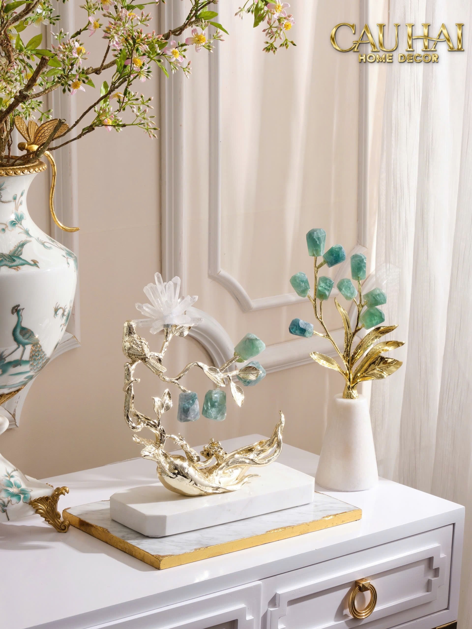 Maison Couture - Tượng Nhân Sâm Bằng Đồng Đá Thạch Anh Xanh - Brasson Aventurine Quartz - Root Of Eternity 9x30x27-TƯỢNG TRANG TRÍ-CẬU HAI HOME DECOR
