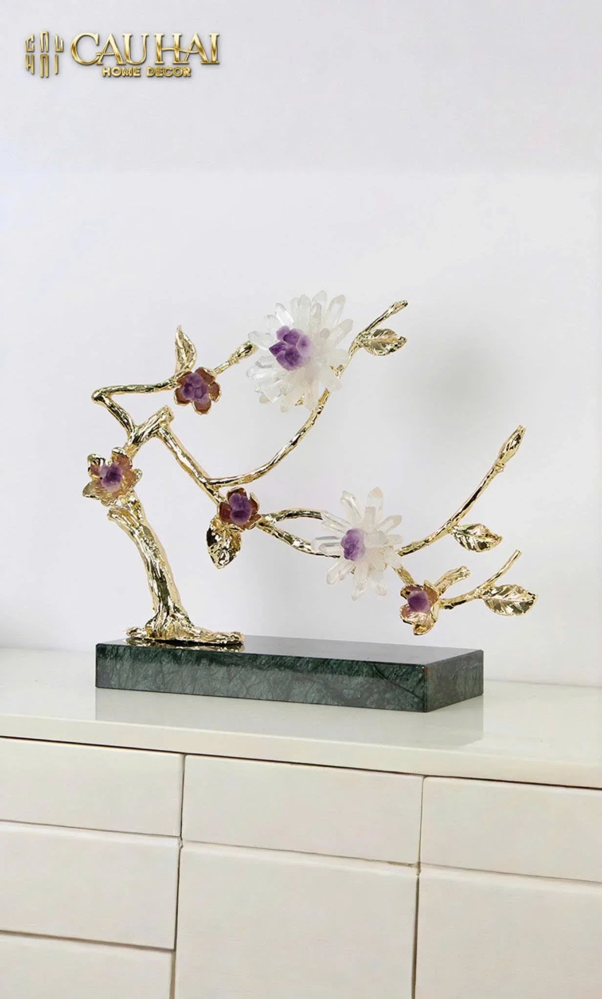 Maison Couture - Tượng Nhánh Cây Bằng Đồng Đá Thạch Anh Trắng White Quartz Harmony Amethyst Blooming 25x40-TƯỢNG TRANG TRÍ-CẬU HAI HOME DECOR