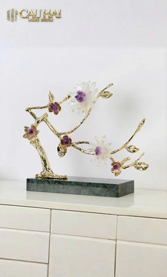 Maison Couture - Tượng Nhánh Cây Bằng Đồng Đá Thạch Anh Trắng White Quartz Harmony Amethyst Blooming 25x40-TƯỢNG TRANG TRÍ-CẬU HAI HOME DECOR