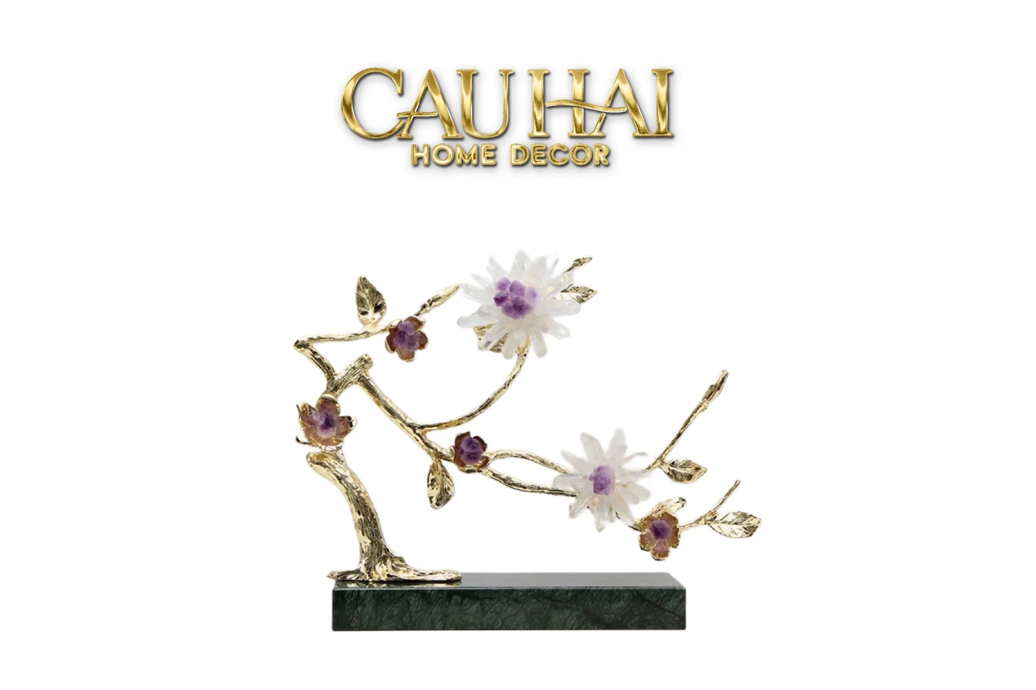Maison Couture - Tượng Nhánh Cây Bằng Đồng Đá Thạch Anh Trắng White Quartz Harmony Amethyst Blooming 25x40-TƯỢNG TRANG TRÍ-CẬU HAI HOME DECOR