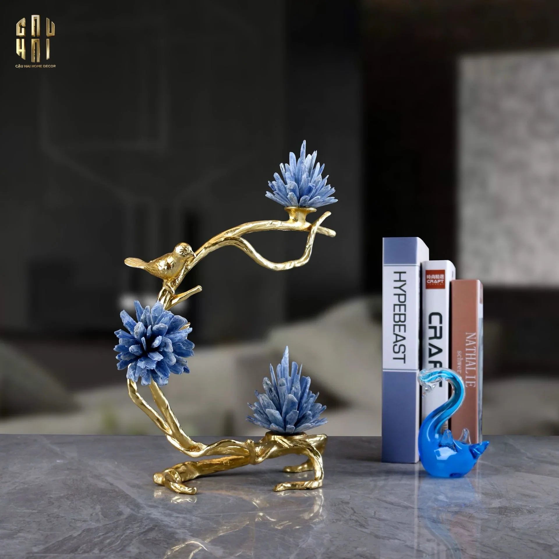 Maison Couture - Tượng Nhánh Cây Cánh Cung Bằng Đồng Đá Thạch Anh Blue Quartz 15x28x36-TƯỢNG TRANG TRÍ-CẬU HAI HOME DECOR