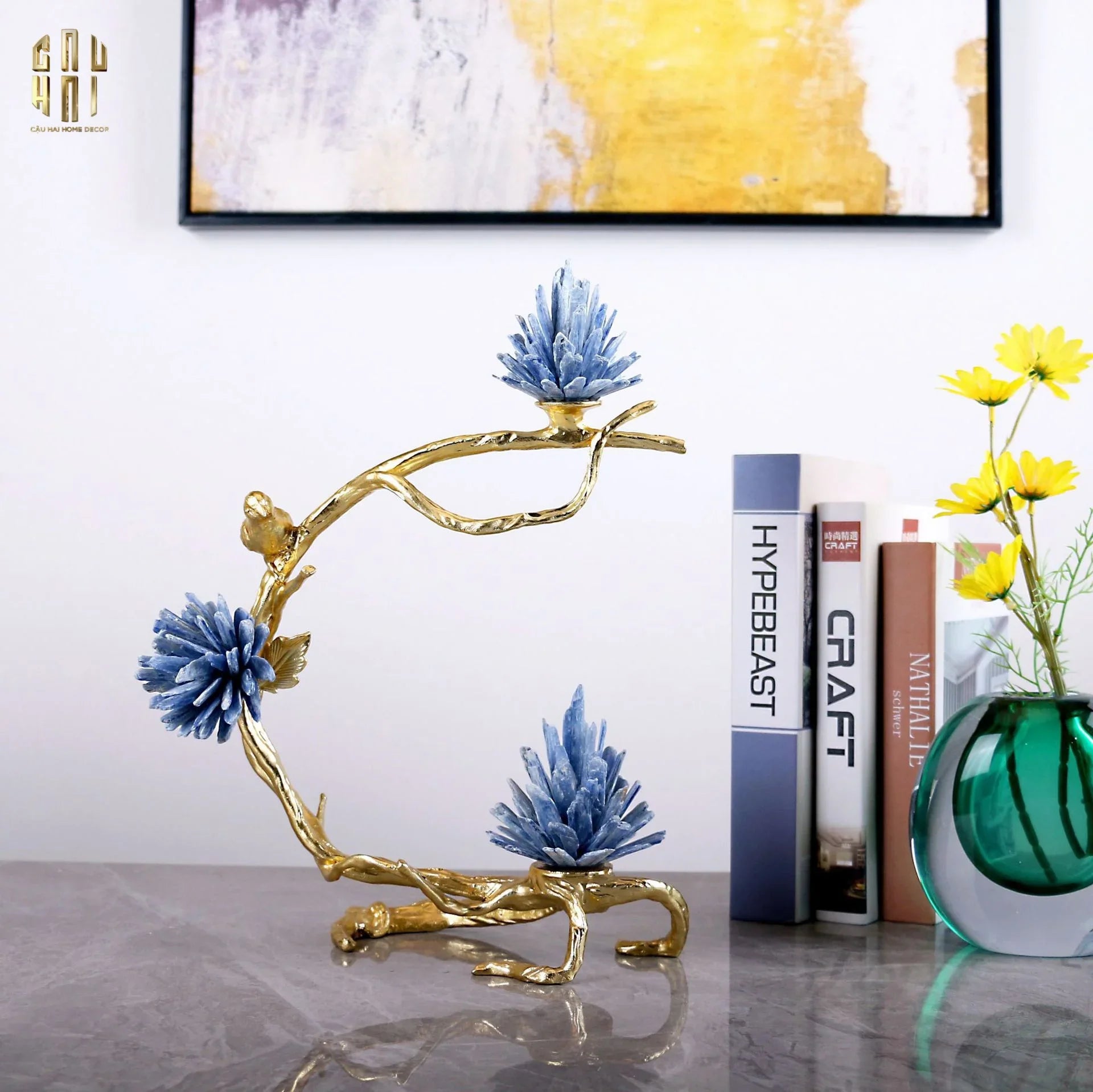 Maison Couture - Tượng Nhánh Cây Cánh Cung Bằng Đồng Đá Thạch Anh Blue Quartz 15x28x36-TƯỢNG TRANG TRÍ-CẬU HAI HOME DECOR