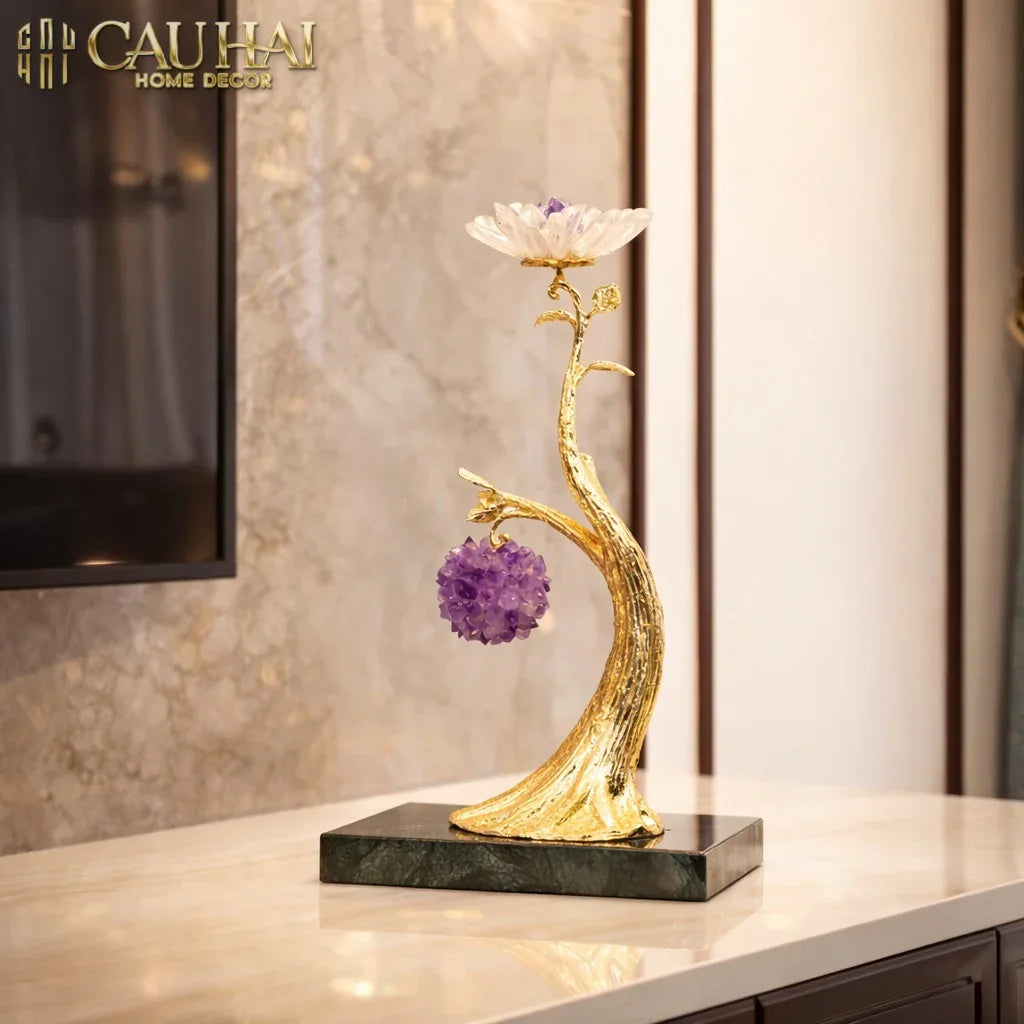 Maison Couture - Tượng Nhánh Cây Đồng & Đá Thạch Anh Tím Amethyst Orb Brasson Hanging Tree 25x39-CẬU HAI HOME DECOR