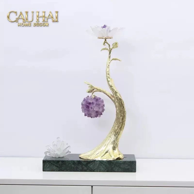 Maison Couture - Tượng Nhánh Cây Đồng & Đá Thạch Anh Tím Amethyst Orb Brasson Hanging Tree 25x39-CẬU HAI HOME DECOR
