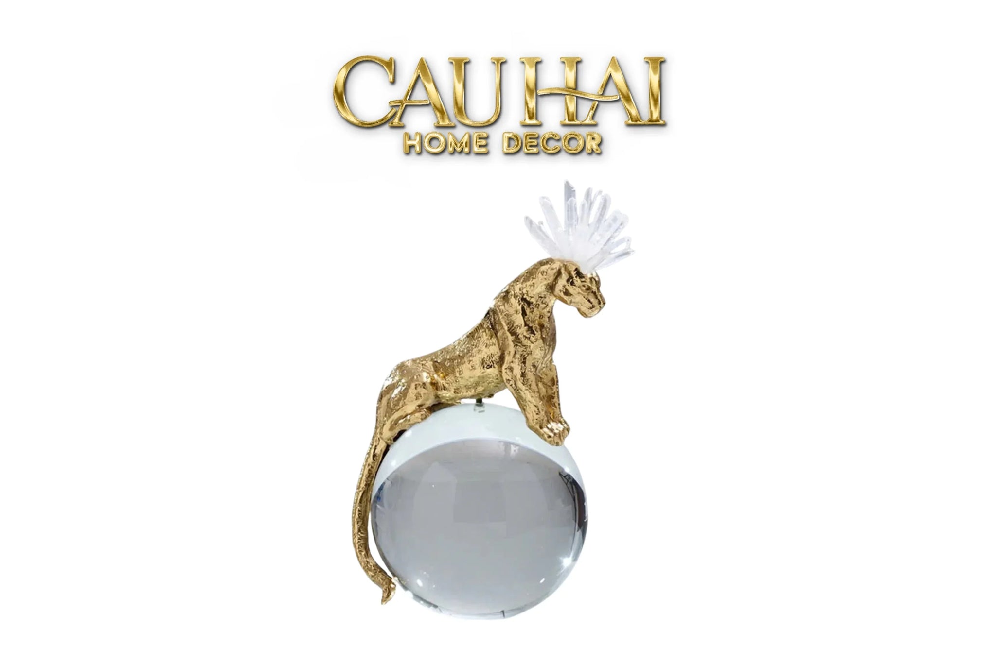 Maison Couture - Tượng Quả Cầu Pha Lê - Báo Đồng Đá Thạch Anh Trắng Regal Quartz Panther Globe 15x30-TƯỢNG TRANG TRÍ-CẬU HAI HOME DECOR