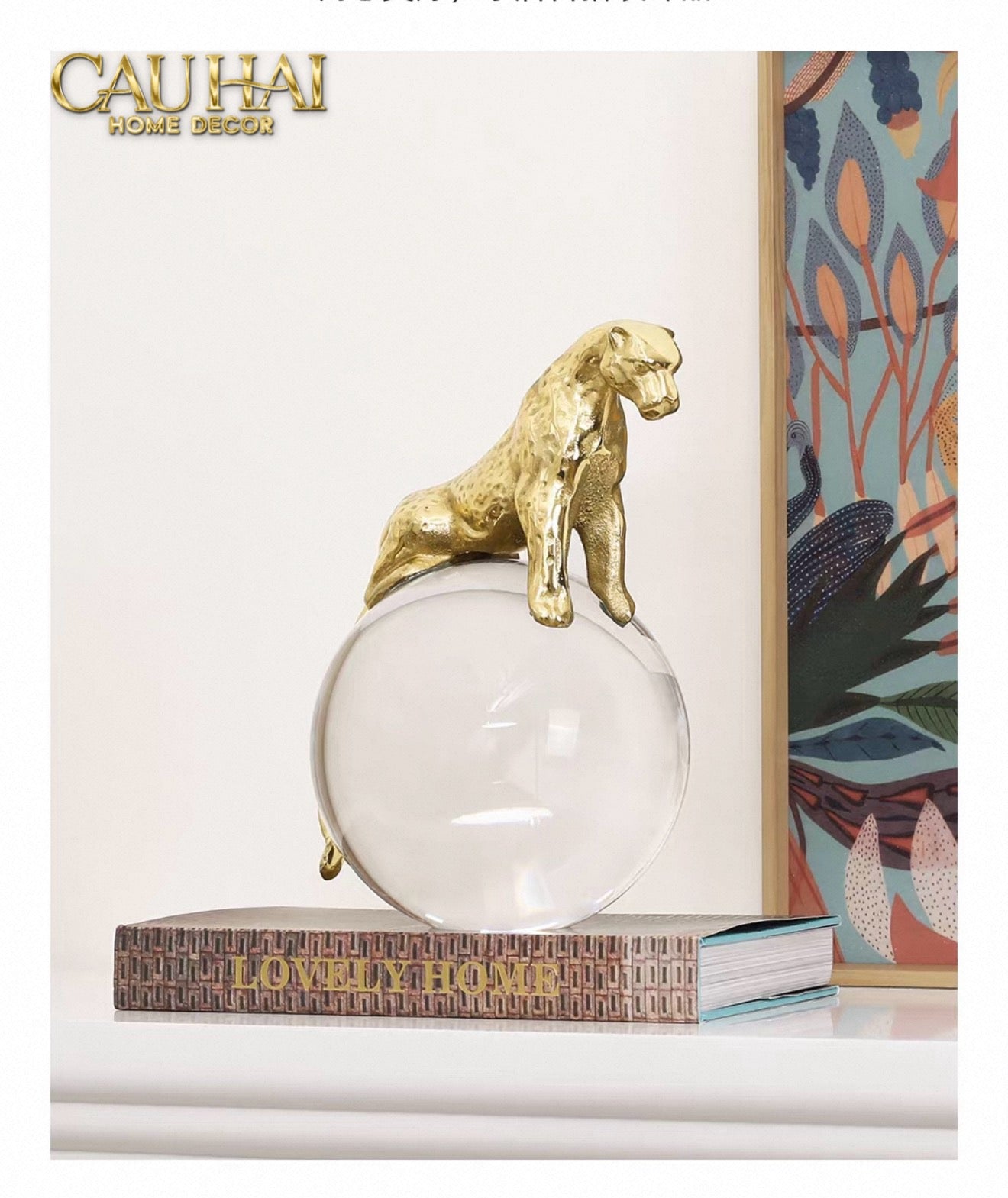 Maison Couture - Tượng Quả Cầu Pha Lê - Tượng Báo Bằng Đồng - Regal Brasson Panther Globe 15x30-TƯỢNG TRANG TRÍ-CẬU HAI HOME DECOR