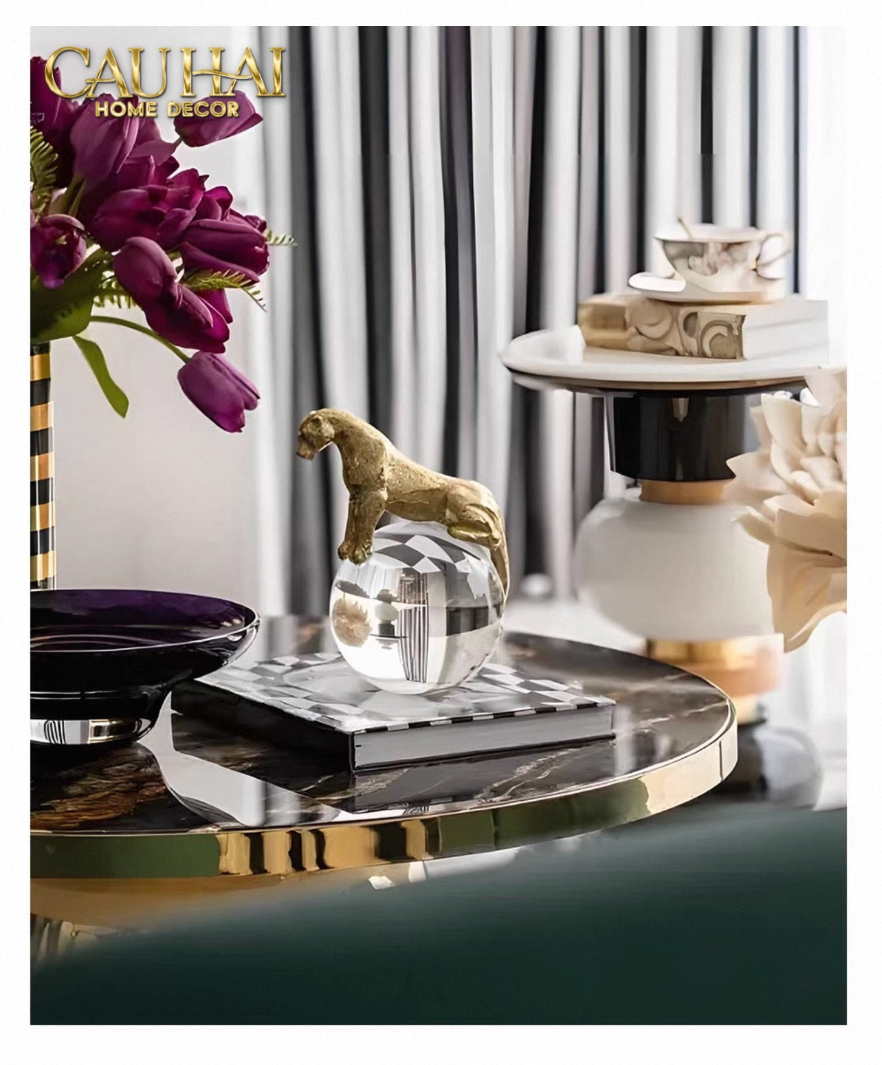 Maison Couture - Tượng Quả Cầu Pha Lê - Tượng Báo Bằng Đồng - Regal Brasson Panther Globe 15x30-TƯỢNG TRANG TRÍ-CẬU HAI HOME DECOR