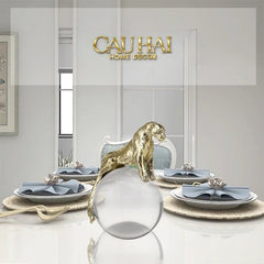 Maison Couture - Tượng Quả Cầu Pha Lê - Tượng Báo Bằng Đồng - Regal Brasson Panther Globe 15x30-TƯỢNG TRANG TRÍ-CẬU HAI HOME DECOR