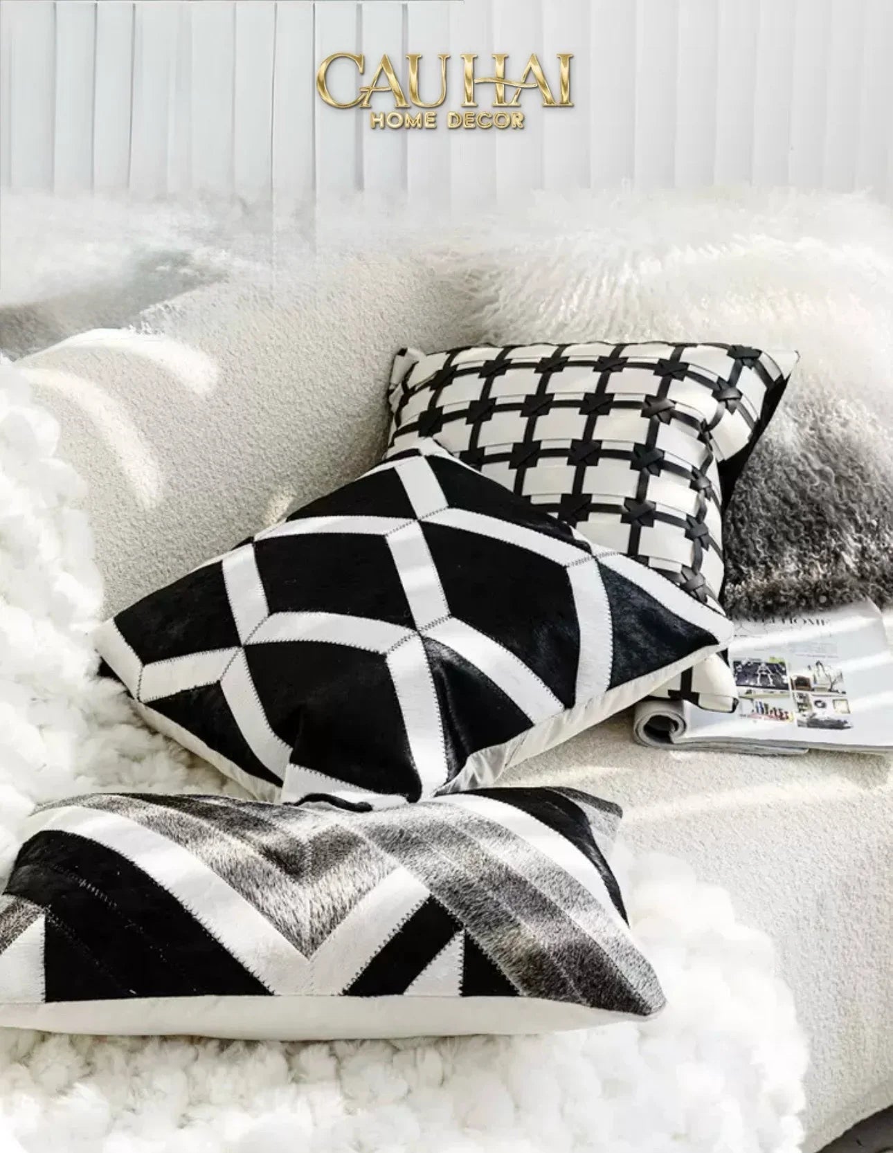 Maison Couture - Vỏ Gối Da Lux Leather Crossline Monochrome 45-VỎ GỐI-CẬU HAI HOME DECOR