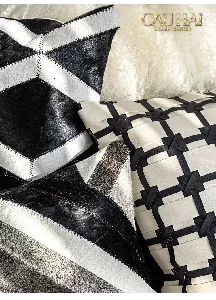Maison Couture - Vỏ Gối Da Lux Leather Crossline Monochrome 45-VỎ GỐI-CẬU HAI HOME DECOR