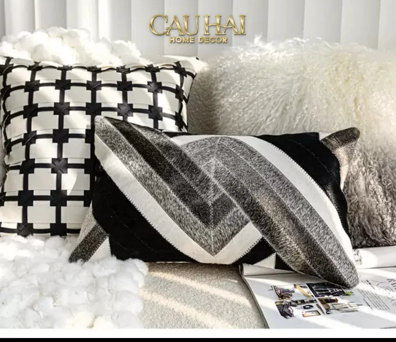 Maison Couture - Vỏ Gối Da Lux Leather Crossline Monochrome 45-VỎ GỐI-CẬU HAI HOME DECOR