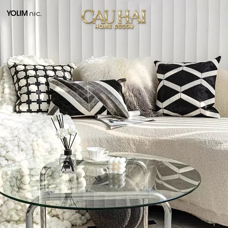Maison Couture - Vỏ Gối Da Lux Leather Crossline Monochrome 45-VỎ GỐI-CẬU HAI HOME DECOR