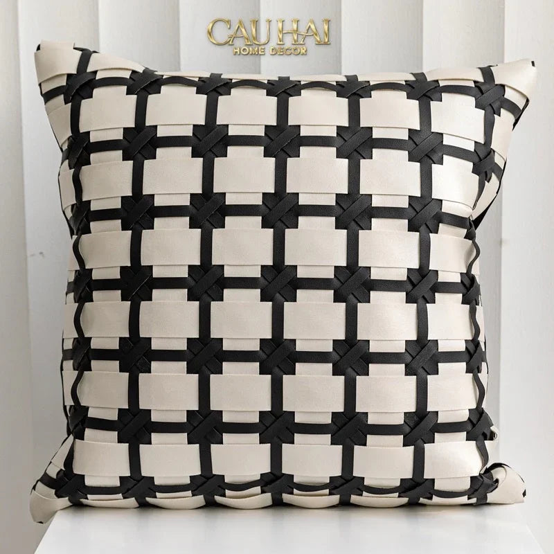 Maison Couture - Vỏ Gối Da Lux Leather Crossline Monochrome 45-VỎ GỐI-CẬU HAI HOME DECOR