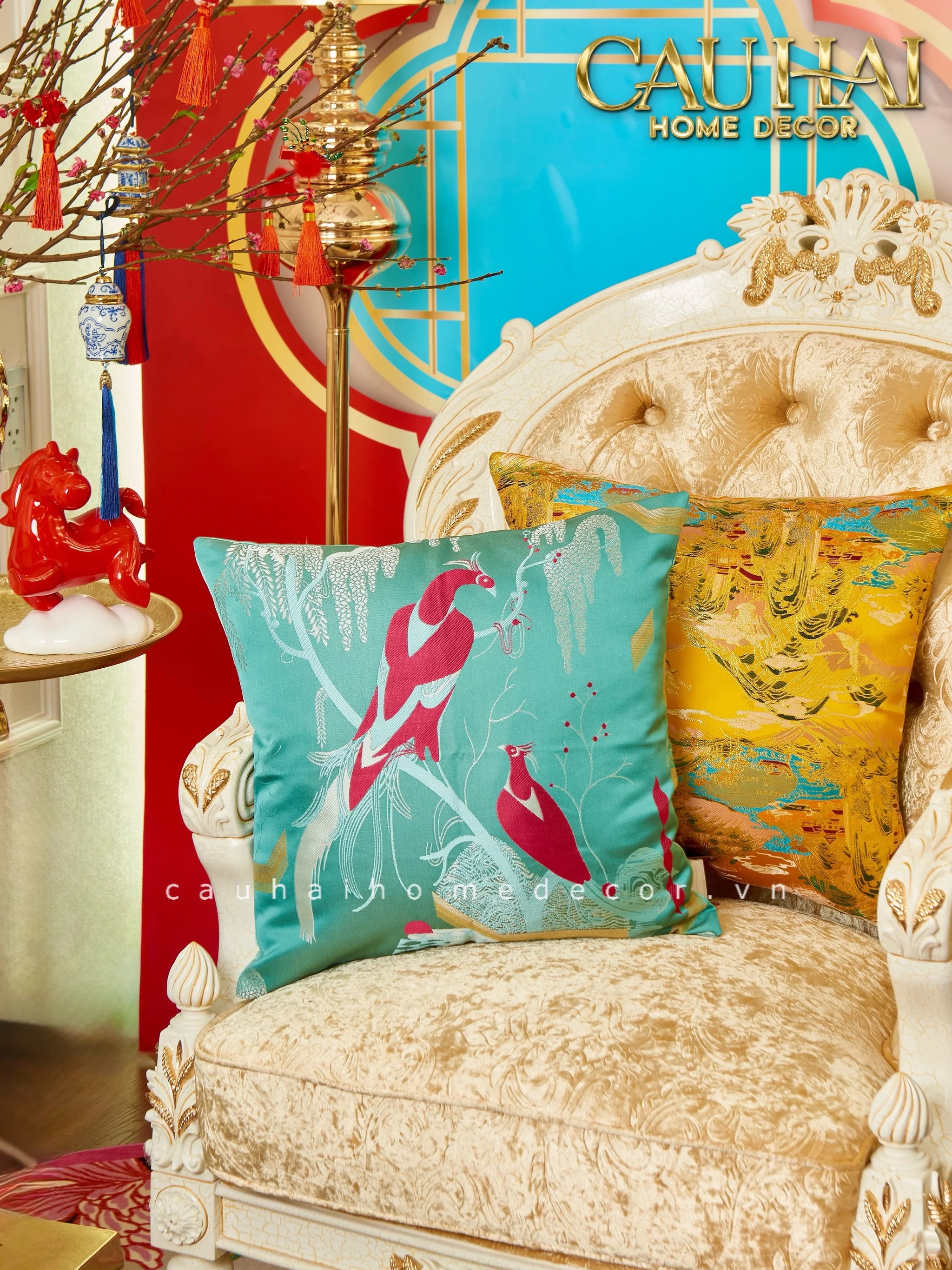 Maison Couture - Vỏ Gối Lụa Thêu Le Cardinal Solaire Turquoise Atélier Cushion 45-VỎ GỐI-CẬU HAI HOME DECOR