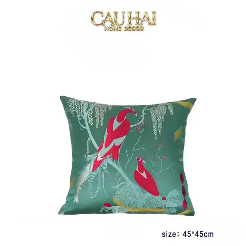 Maison Couture - Vỏ Gối Lụa Thêu Le Cardinal Solaire Turquoise Atélier Cushion 45-VỎ GỐI-Đối tác tại Trung Quốc theo từng đơn đặt hàng-CẬU HAI HOME DECOR
