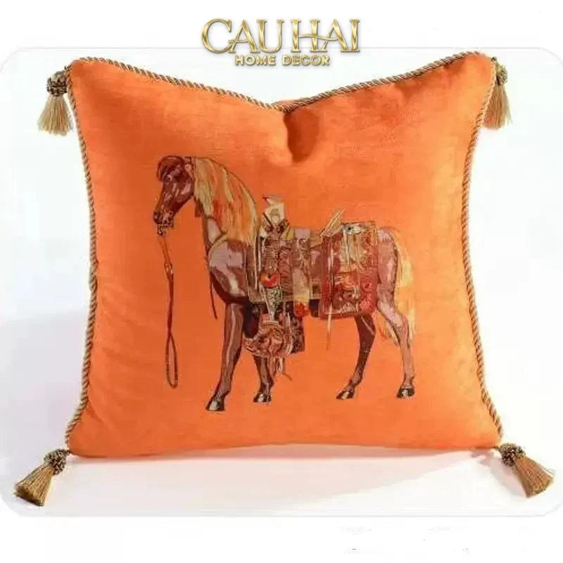 Maison Couture - Vỏ gối Nhung Chenille Cao Cấp Signature Orange Cheval Équestre 45 Corner Tassel-VỎ GỐI-CẬU HAI HOME DECOR-CẬU HAI HOME DECOR