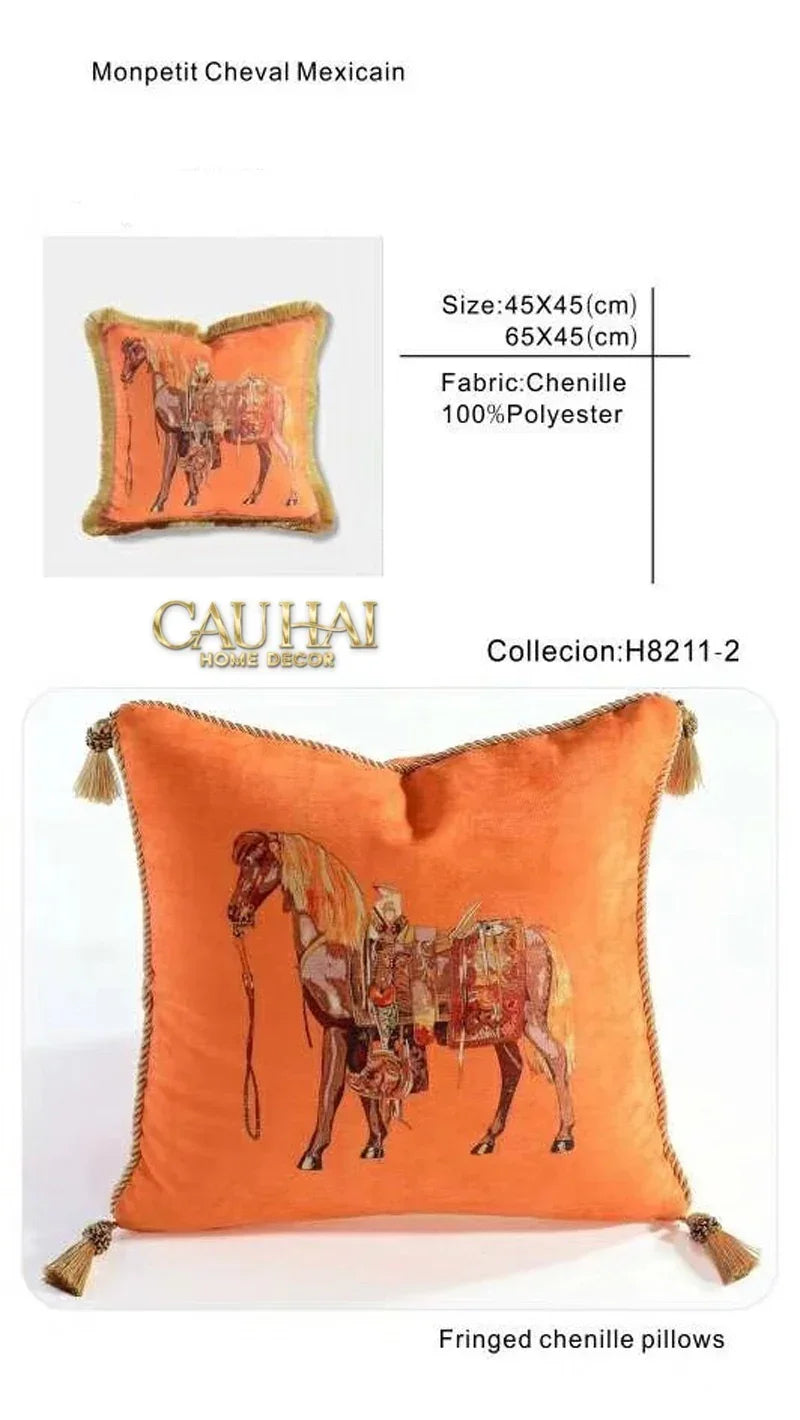 Maison Couture - Vỏ gối Nhung Chenille Cao Cấp Signature Orange Cheval Équestre 45 Corner Tassel-VỎ GỐI-CẬU HAI HOME DECOR-CẬU HAI HOME DECOR