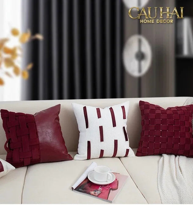 Maison Couture - Vỏ Gối Nhung Leather Bordeaux Woven Mistletoe 45-VỎ GỐI-CẬU HAI HOME DECOR