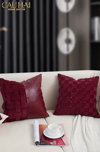 Maison Couture - Vỏ Gối Nhung Leather Bordeaux Woven Mistletoe 45-VỎ GỐI-CẬU HAI HOME DECOR