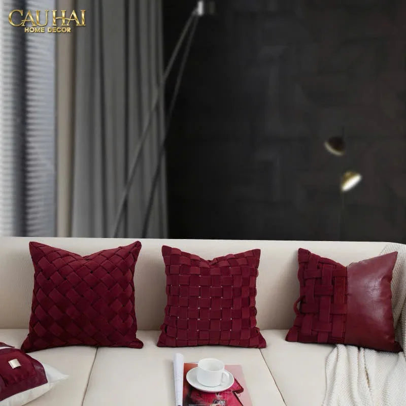 Maison Couture - Vỏ Gối Nhung Leather Bordeaux Woven Mistletoe 45-VỎ GỐI-CẬU HAI HOME DECOR