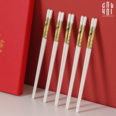 Set 10 Đôi Đũa Sứ BST Khổng Tước Hoàng Kim Porcelain Chopstick 25cm-Dinner Cutlery Set Dao Muỗng Nĩa-CẬU HAI HOME DECOR