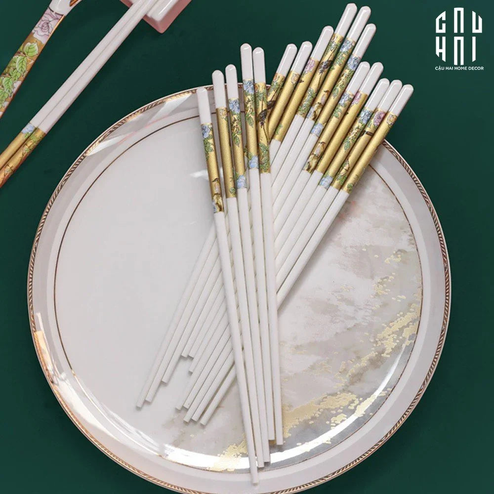 Set 10 Đôi Đũa Sứ BST Khổng Tước Hoàng Kim Porcelain Chopstick 25cm-Dinner Cutlery Set Dao Muỗng Nĩa-CẬU HAI HOME DECOR