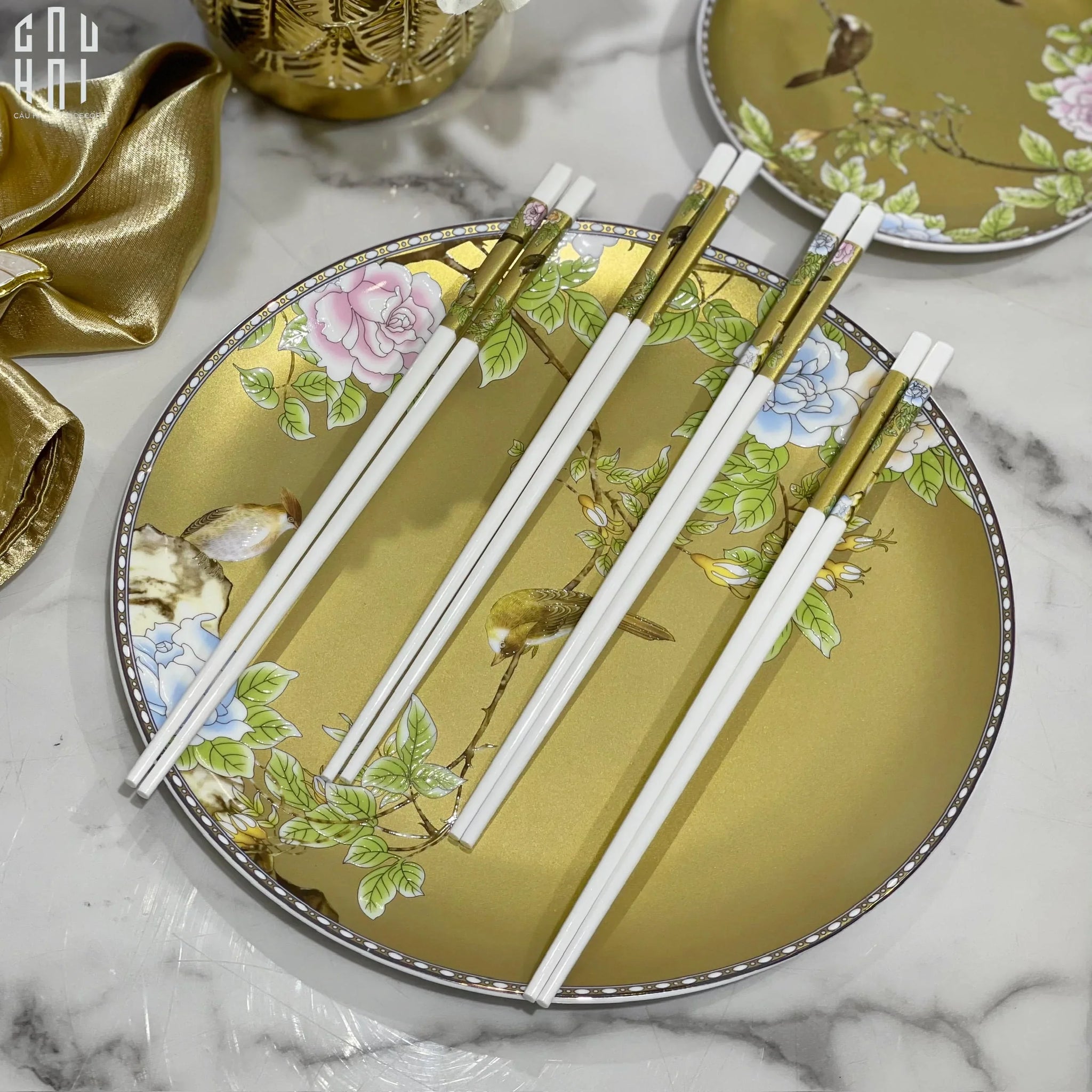 Set 10 Đôi Đũa Sứ BST Khổng Tước Hoàng Kim Porcelain Chopstick 25cm-Dinner Cutlery Set Dao Muỗng Nĩa-CẬU HAI HOME DECOR