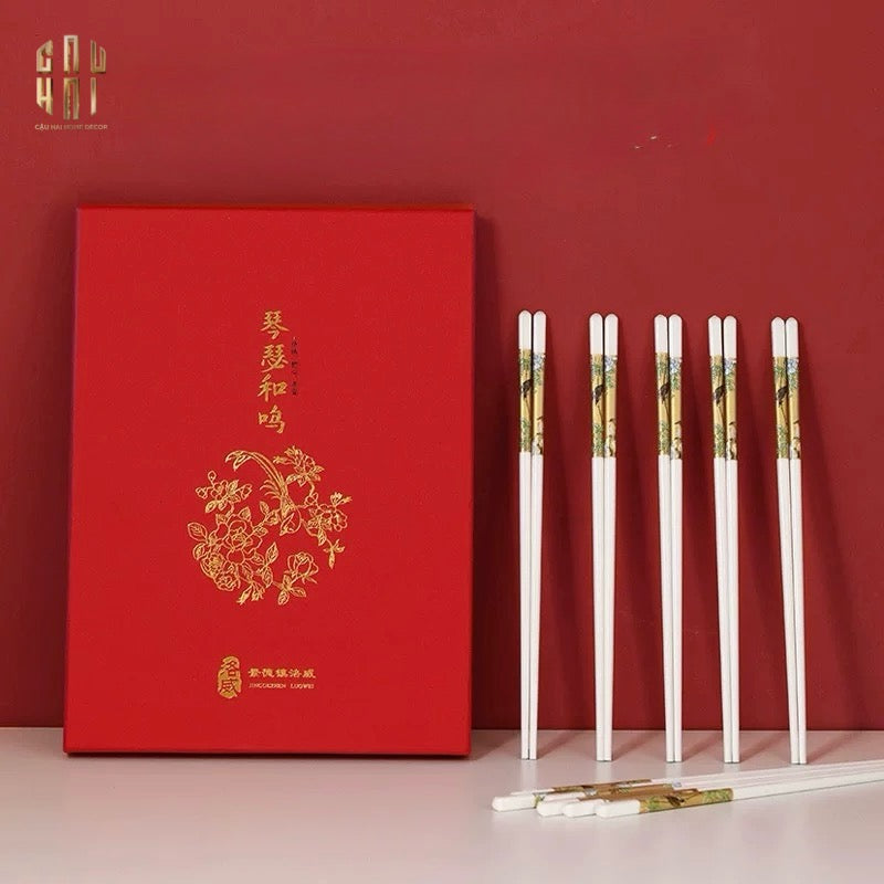 Set 10 Đôi Đũa Sứ BST Khổng Tước Hoàng Kim Porcelain Chopstick 25cm-Dinner Cutlery Set Dao Muỗng Nĩa-CẬU HAI HOME DECOR