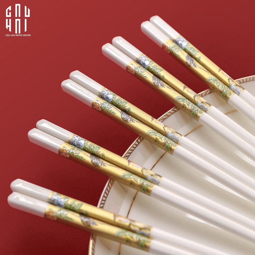 Set 10 Đôi Đũa Sứ BST Khổng Tước Hoàng Kim Porcelain Chopstick 25cm-Dinner Cutlery Set Dao Muỗng Nĩa-CẬU HAI HOME DECOR