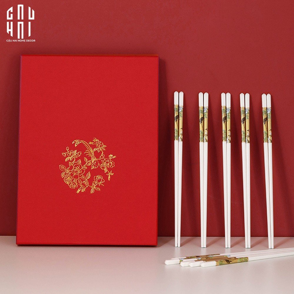 Set 10 Đôi Đũa Sứ BST Khổng Tước Hoàng Kim Porcelain Chopstick 25cm-Dinner Cutlery Set Dao Muỗng Nĩa-CẬU HAI HOME DECOR